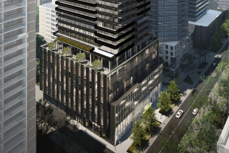 Aerial view of 55 Charles residential tower