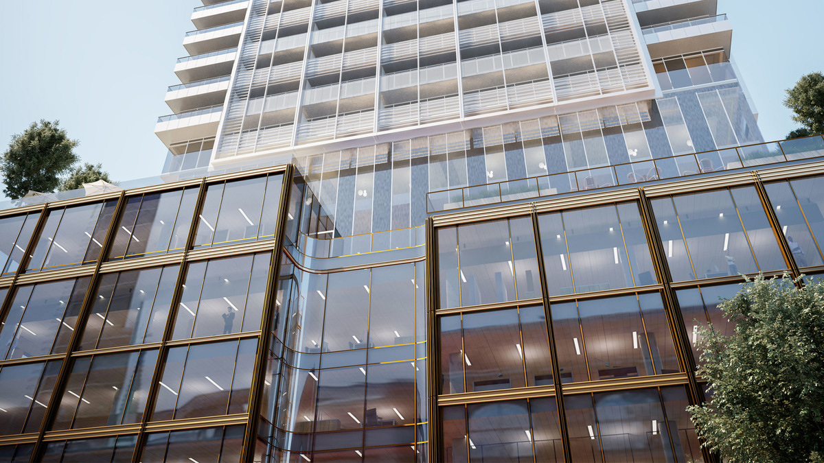Low angle photo of 88 Queen building. The building has lattice of white aluminum and fritted glass and deep vertical fins make a stunning