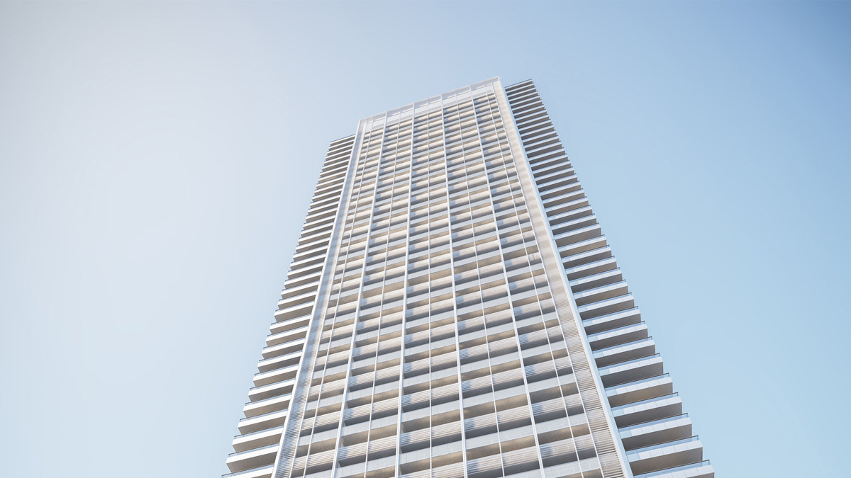 Low angle photo of 88 Queen building. The building has lattice of white aluminum and fritted glass and deep vertical fins make a stunning statement.