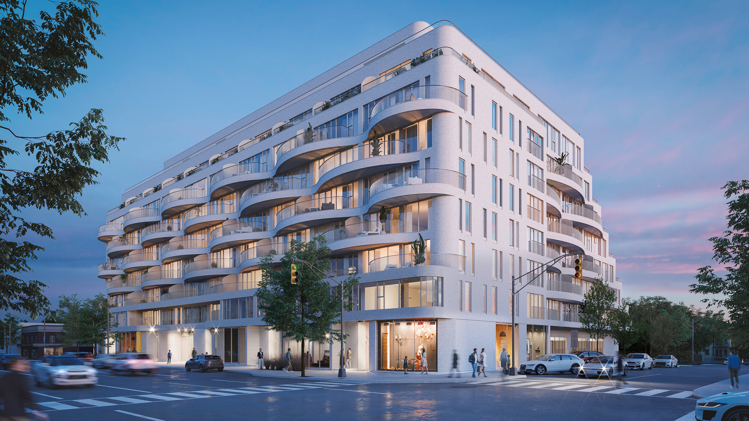 Front and side of Reina building during sunset