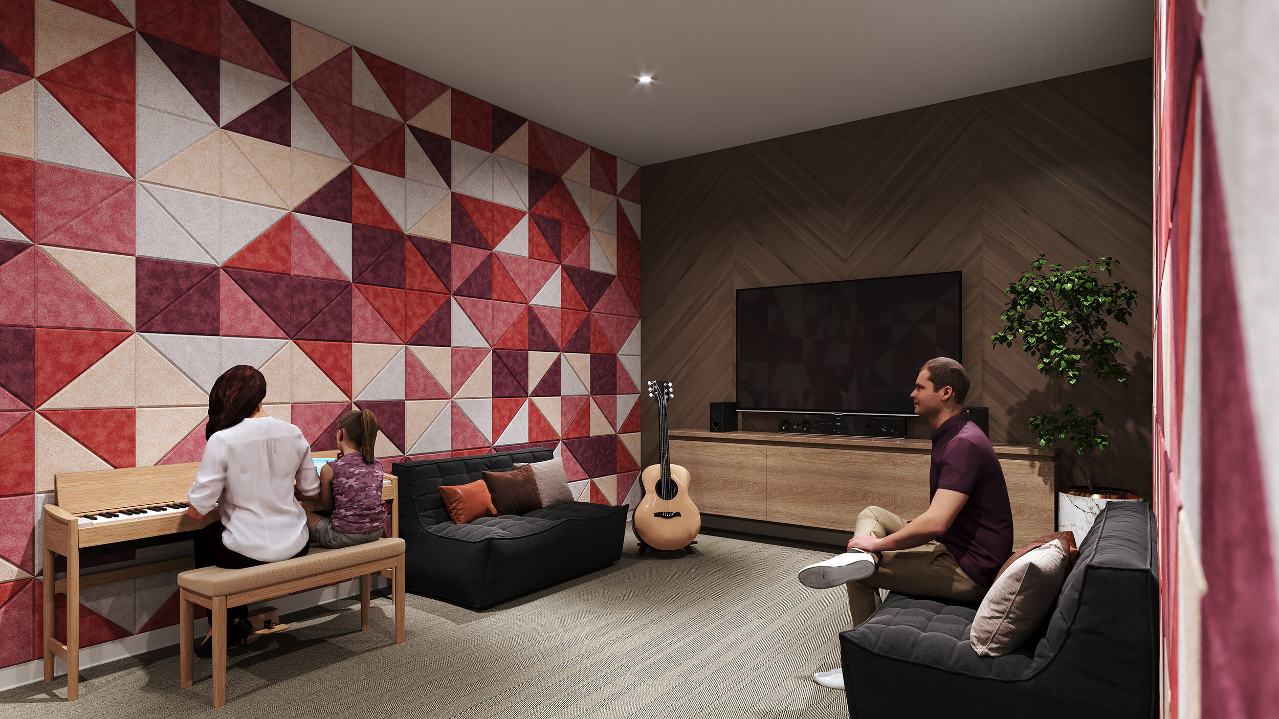 A family inside one of Reina's amenities spaces, the Hobby Room